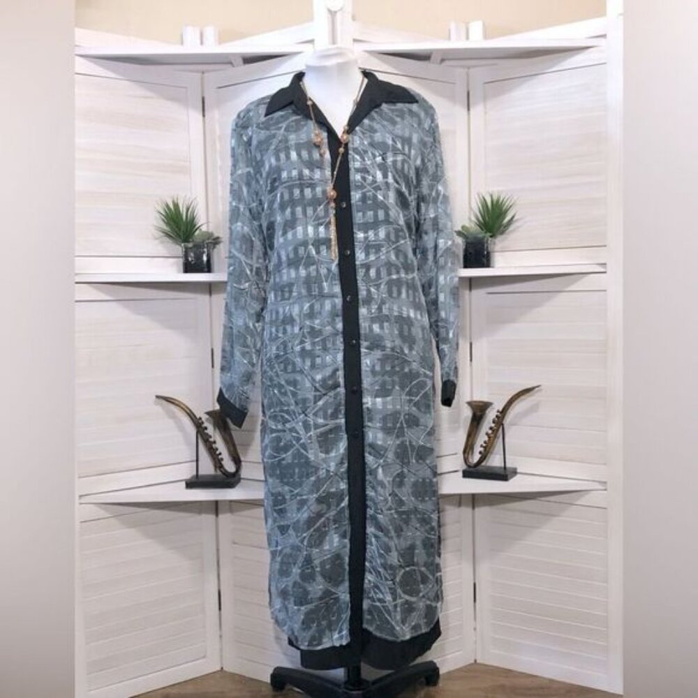 A Wild Thyme sheer long sleeves teal blue silver geometrical shirt dress Sz 22